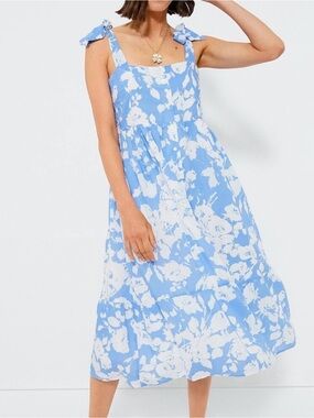 Blue and White Floral Tie-Shoulder Midi Dress